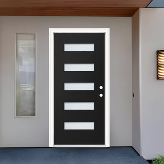 Contemporary 5-lite fiberglass front door with frosted glass inserts and white frame