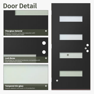 Contemporary black fiberglass entry door slab with integrated frosted privacy glass, pre-drilled lock bores