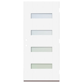 White fiberglass entry door slab with four frosted glass inserts and pre-bored lock holes