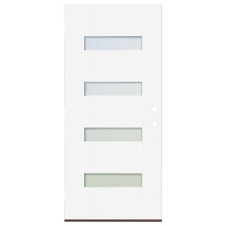 White fiberglass entry door slab with four frosted glass inserts and pre-bored holes