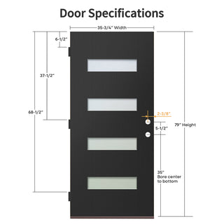 Black fiberglass entry door slab with four frosted glass inserts and pre-bored lock holes, door specifications