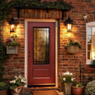 Red textured fiberglass entry door with 3/4 wrought iron lite and Low-E glass