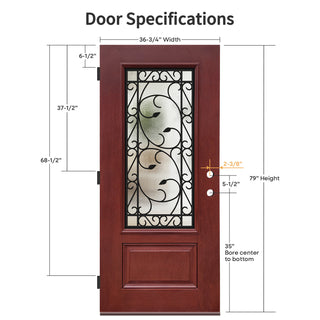 36" x 80" fiberglass entry door specs: 36-3/4" width, 79" height, 3/4 lite wrought iron glass, red finish.