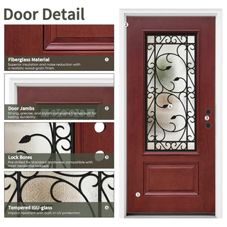 36"x80" red fiberglass door detail: wood-grain fiberglass, composite jambs, lock bores, wrought iron lite with textured Low-E glass.