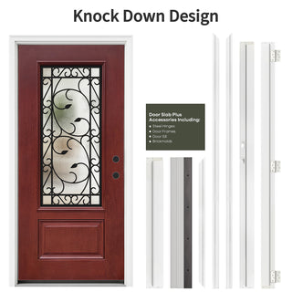 36" x 80" Red textured fiberglass entry door with wrought iron lite, and knock-down assembly components.