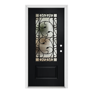 36 x 80 smooth fiberglass entrance door,with Brickmould, vinyl frame, 3/4 view Clear Glass+Cloud Glass, and Floral Wrought-Iron Design‌