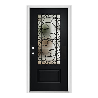 36 x 80 smooth fiberglass entrance door,with Brickmould, vinyl frame, 3/4 view Clear Glass+Cloud Glass, and Floral Wrought-Iron Design‌