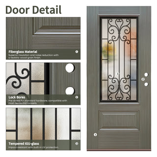 36" x 80" Mahogany entry door detail with fiberglass texture, lock bores, and tempered IGU glass.