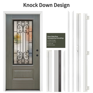 36" x 80" Mahogany fiberglass entry door with scroll pattern glass and included knock-down frame components.