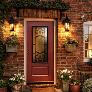 36" x 80" Mahogany entry door with linear texture, 3/4 lite, and decorative glass.