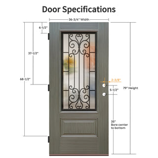 36" x 80" Mahogany entry door specs: linear texture, frosted 3/4 lite with wrought iron, 79" height, 36-3/4" width.