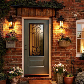 36"x80" dark green fiberglass entry door, 3/4 lite with ornate scroll glass, brick exterior, gas lanterns.