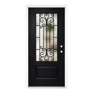 36" x 80" Linear Textured Entry Door,with Brickmould, vinyl frame, 3/4 view Low-E Clear Glass+Cloud Glass, and Floral Wrought-Iron Design‌