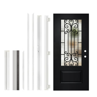36" x 80" Linear Textured Entry Door,with Brickmould, vinyl frame, 3/4 view Low-E Clear Glass+Cloud Glass, and Floral Wrought-Iron Design‌