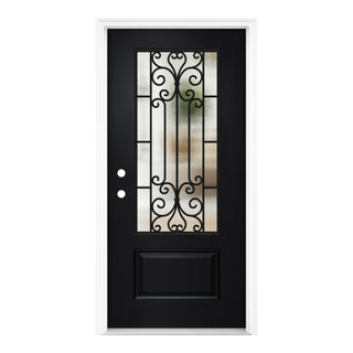 36" x 80" Linear Textured Entry Door,with Brickmould, vinyl frame, 3/4 view Low-E Clear Glass+Cloud Glass, and Floral Wrought-Iron Design‌