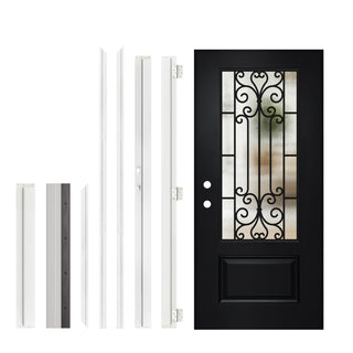36" x 80" Linear Textured Entry Door,with Brickmould, vinyl frame, 3/4 view Low-E Clear Glass+Cloud Glass, and Floral Wrought-Iron Design‌