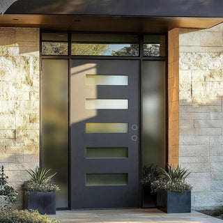 Modern black fiberglass entry door with frosted glass panels and brickmould exterior.