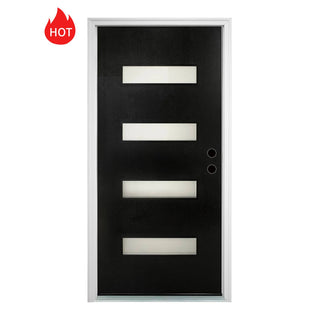 Modern FRAMEWELL 36x80 black fiberglass entry door, wood grain texture, white vinyl frame, 4 horizontal frosted glass panels.