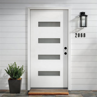 36 x 80 Fiberglass Entry Door with Brickmould, Frosted Glass, Black Finished Knock-Down Fiberglass Door
