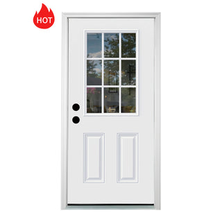 36 x 80 Front Door, Fiberglass Doors with Vinyl Frame, 9 Lite Glass - Primed for Home's Front Entrance White Oak Wooden Grain Knock-Down Design