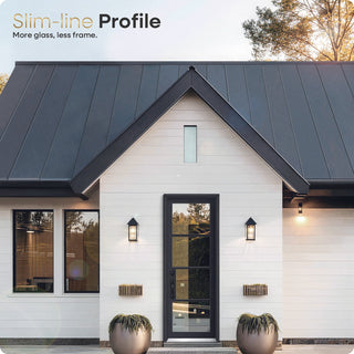 32x96/36x96 Slim‑Line 4‑Pane Low-E Clear Glass Entry Door Kit, Knock‑Down Vinyl Frame with Hinges, Threshold, Door Shoe; Frame Requires On‑Site Assembly