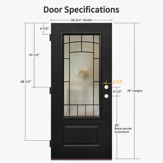 Black fiberglass entry door slab with frosted privacy glass and decorative grid, door specifications