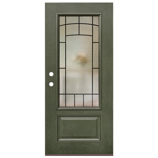Smooth white fiberglass entry door slab with 3/4-view frosted privacy glass and grille