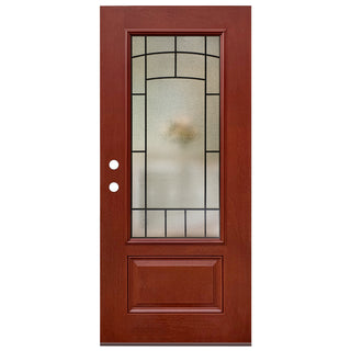 Smooth white fiberglass entry door slab with 3/4 view frosted privacy glass and panel