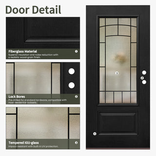 Smooth black fiberglass entry door with frosted privacy glass, lock bores, and raised panel detail