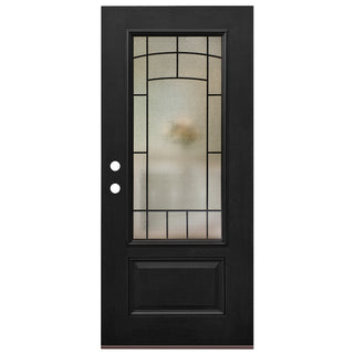 Black fiberglass entry door slab with frosted privacy glass and geometric grille