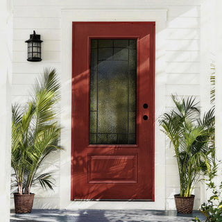 Red 36 x 80 smooth fiberglass entry door with frosted glass panel and brickmould