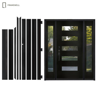 Black Fiberglass Entry Door with Frost Glass, 5-Lite Glass Exterior Door with Sidelights（Knock-Down Door）