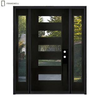 Black Fiberglass Entry Door with Frost Glass, 5-Lite Glass Exterior Door with Sidelights（Knock-Down Door）