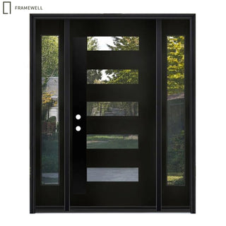 Black Fiberglass Entry Door with Frost Glass, 5-Lite Glass Exterior Door with Sidelights（Knock-Down Door）