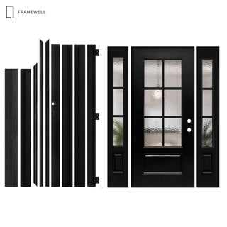3/4 view Smooth Textured Entry Door with Hammered Glass Classical Design and equipped with Two single-panel Sidelites （Knock-Down Door）