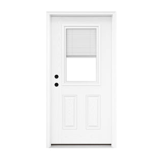 FRAMEWELL 36 x 80 Fiberglass Entry Door with Brickmould, Blinds, High Quality Vinyl Frame, Primed Wooden Grain K017-36BWL