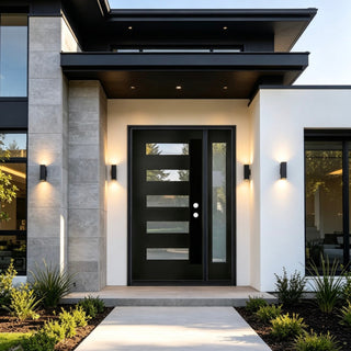 51"x 80"or 53"x 80"Black Fiberglass Door with Frost Glass, 5-Lite Glass Exterior Door with Sidelight for Home's Entryway