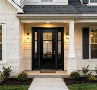 3/4 view Smooth Textured Entry Door with Hammered Glass Classical Design and equipped with Two single-panel Sidelites