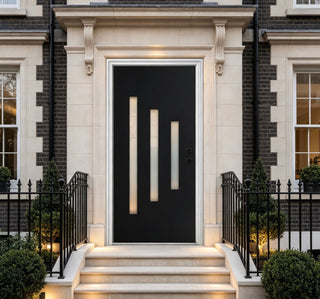 36 x 80 Smooth Texture 3-Lite fiber reinforced Entry Door, with Brickmould, vinyl frame, Low-E Clear Glass + Frosted Glass