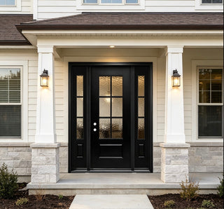 3/4 view Smooth Textured Entry Door with Hammered Glass Classical Design and equipped with Two single-panel Sidelites
