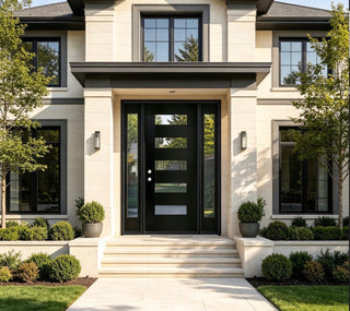 Black Fiberglass Entry Door with Frost Glass, 5-Lite Glass Exterior Door with Sidelights（Knock-Down Door）