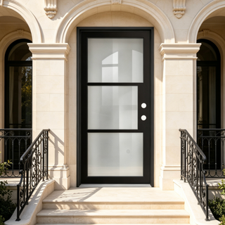 36x80 Slim‑Line 3‑Pane Low-E Clear Glass Entry Door Kit, Knock‑Down Vinyl Frame with Hinges, Threshold, Door Shoe; Frame Requires On‑Site Assembly