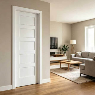 Multiple Sizes 3"or 5"-Panel Shaker Style White Primed Solid Core Swing Door Slab, NOT Pre-drilled and NOT Included Hardware