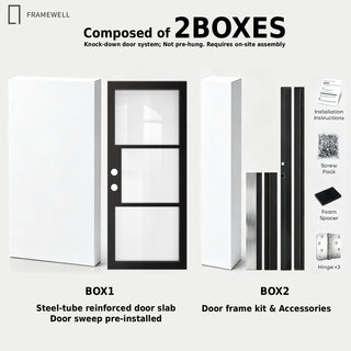 36x80 Slim‑Line 3‑Pane Low-E Clear Glass Entry Door Kit, Knock‑Down Vinyl Frame with Hinges, Threshold, Door Shoe; Frame Requires On‑Site Assembly