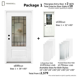 Promotional Bundle 1: Fiberglass Entry Doors + Interior Door Slabs, Multiple Size Options Available