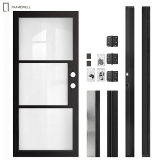 32x80/36x80 Modern Minimalist French 3‑Pane Low-E Double Pane Clear Glass Entry Door Kit, Knock‑Down Vinyl Frame with Hinges, Threshold, Door Shoe