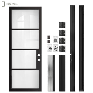 32x96/36x96 Modern Minimalist French 4‑Pane Low‑E Double Pane Clear Glass Entry Door Kit, Knock‑Down Vinyl Frame with Hinges, Threshold, Door Shoe