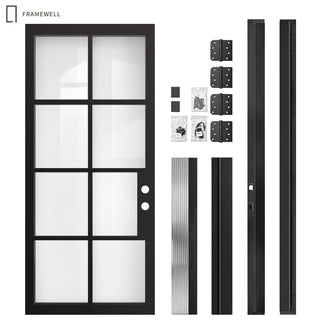 42 x 96 Modern Minimalist French 8-Lite Low-E Double Pane Clear Glass Entry Door Kit, Knock‑Down Vinyl Frame with Hinges, Threshold, Door Shoe
