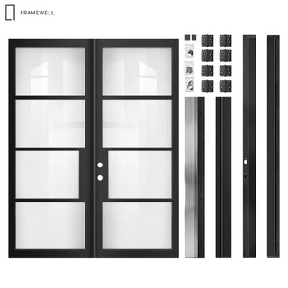 72 x 96 Modern Minimalist French 8-Lite Low-E Double Pane Clear Glass Double Entry Door Kit, Knock‑Down Vinyl Frame with Hinges, Threshold, Door Shoe