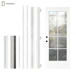 32 x 80 White Prime Front Entry Door Kit, 8-Lite Clear Glass, Knock-Down Vinyl Frame with Brickmould, Hinges & Threshold